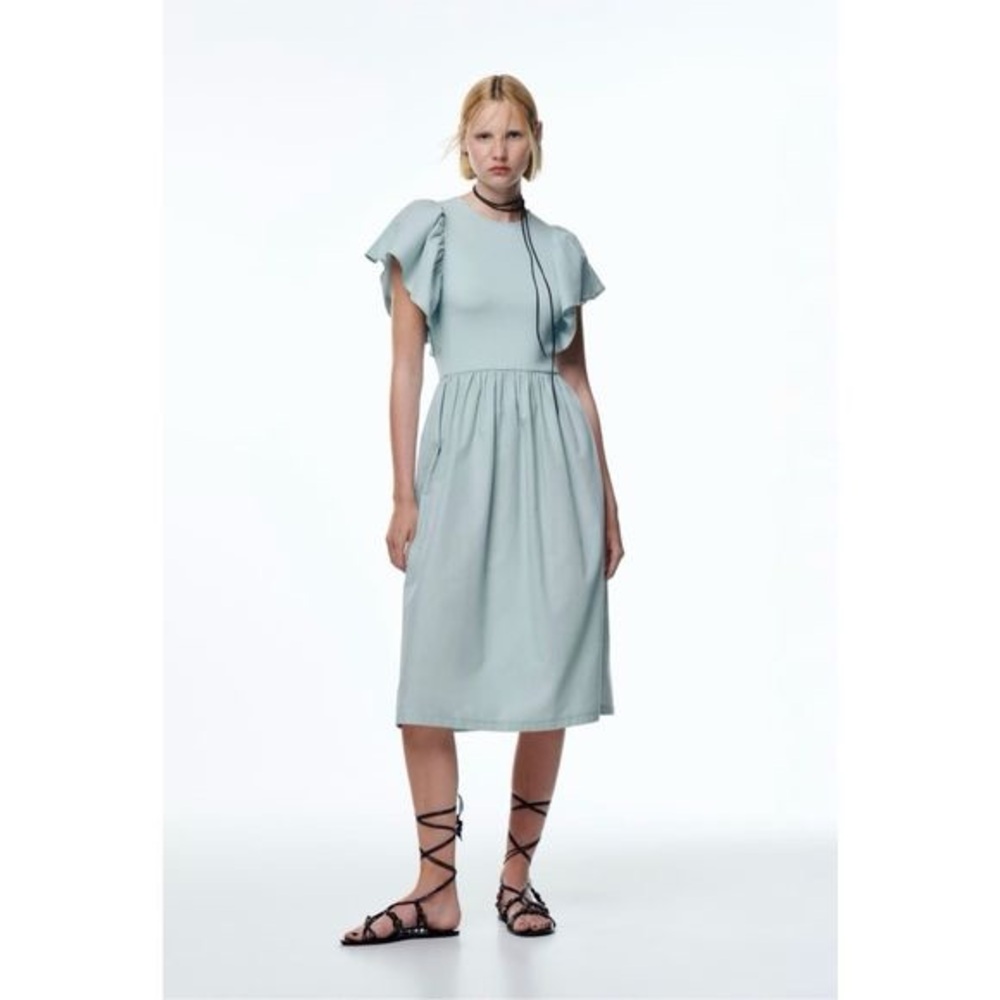 ZARA Sage Green Midi Dress | Size L | Flutter Sleeves
